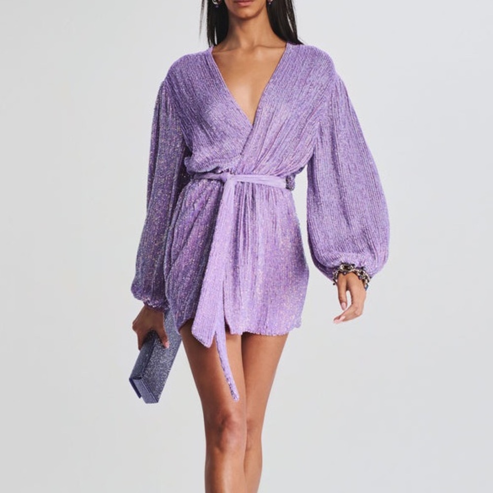 Retrofete Purple Wrap Dress with Balloon Sleeves